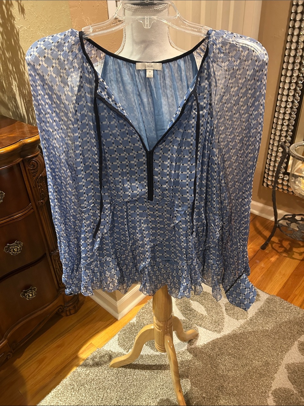 Joie Light Blue Geometric V-Neck Peasant Blouse